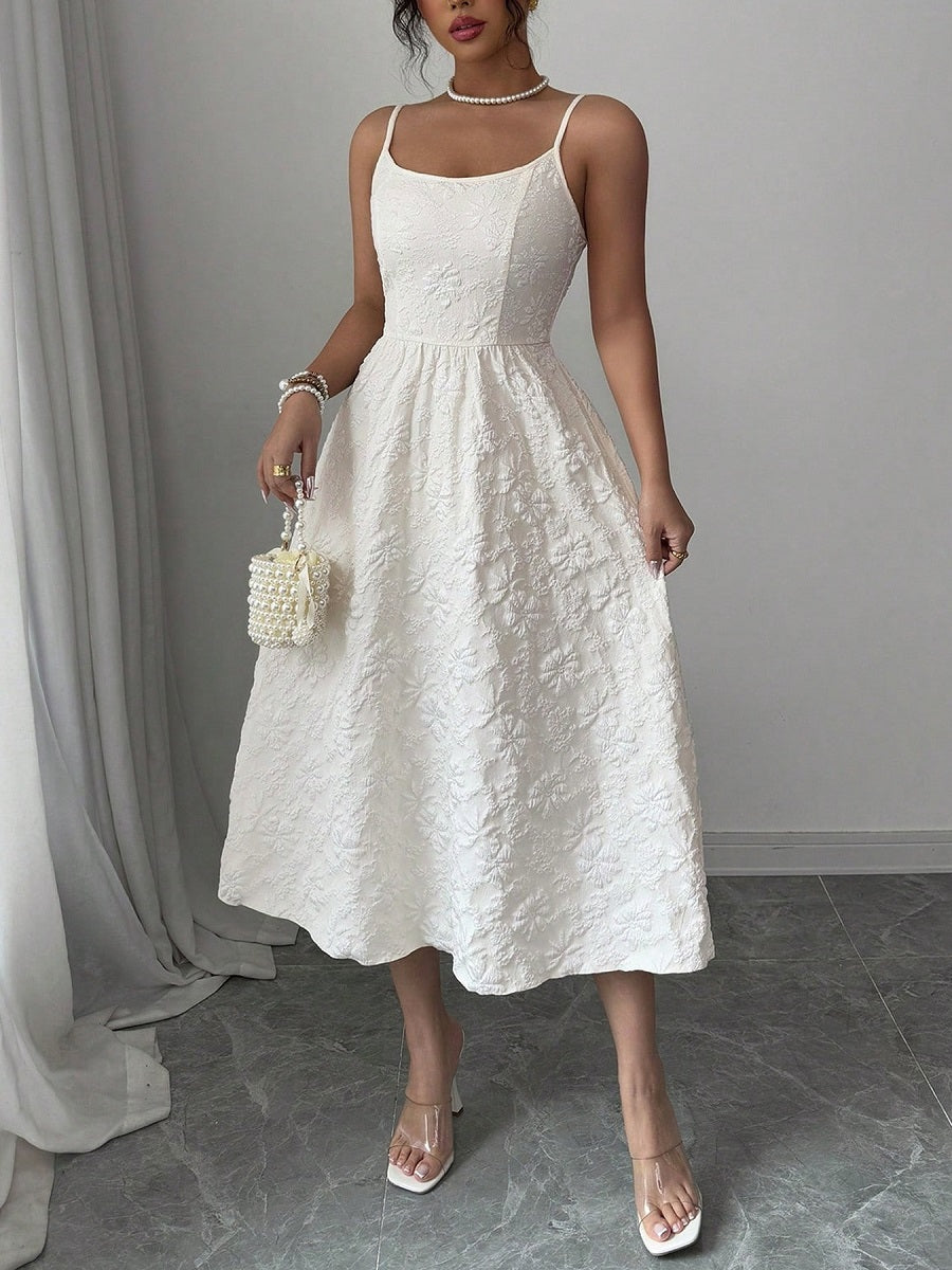 White Spaghetti Strap Midi Dress – Elegant Embossed Floral Sundress with Waist Design (S-XL Sizes)