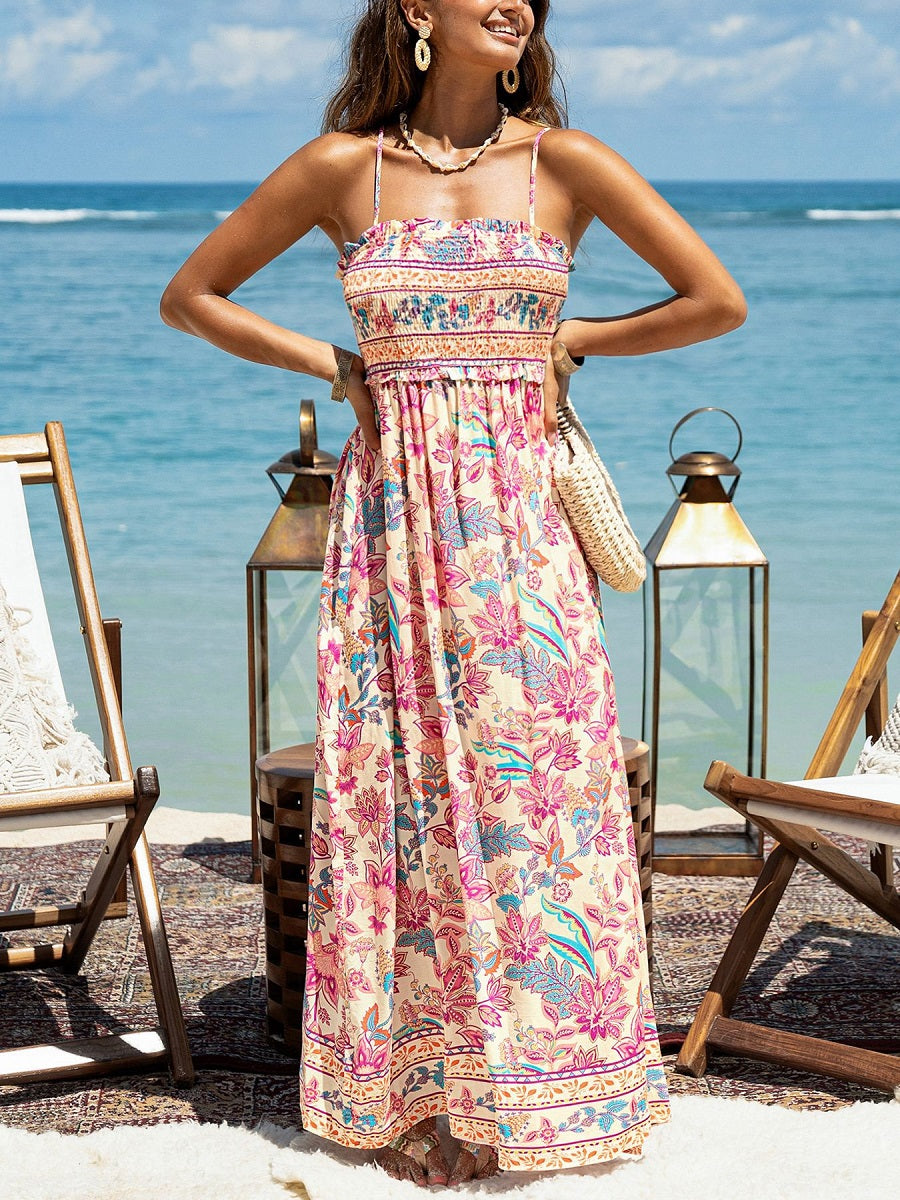 Colorful Floral Print Spaghetti Strap Maxi Dress – Summer Vacation Sundress (S-XL Sizes)