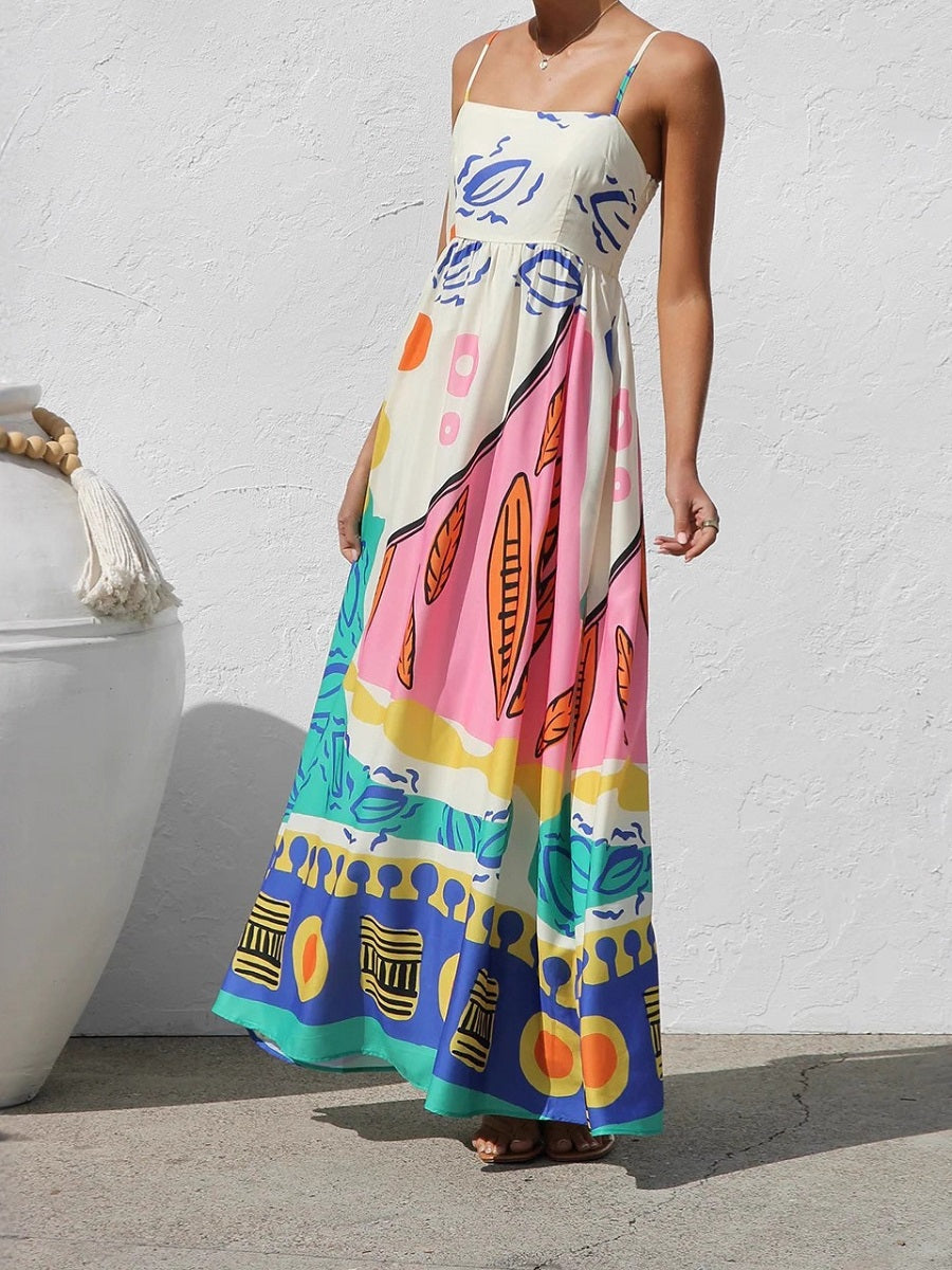 Colorful Abstract Print Spaghetti Strap Maxi Dress – Casual Vacation Sundress (S-XL Sizes)