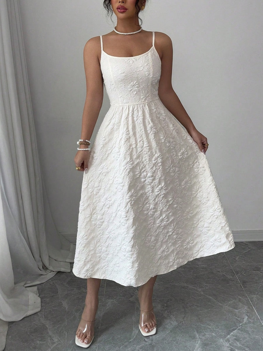 White Spaghetti Strap Midi Dress – Elegant Embossed Floral Sundress with Waist Design (S-XL Sizes)