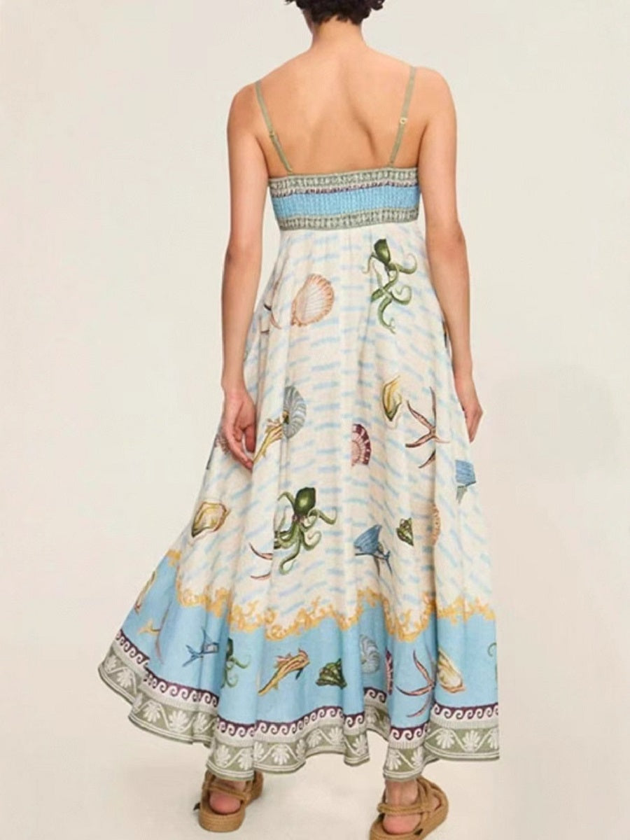 Ocean-Themed Print Spaghetti Strap Dress – Mid-Length Vacation Sundress (S-XL Sizes)