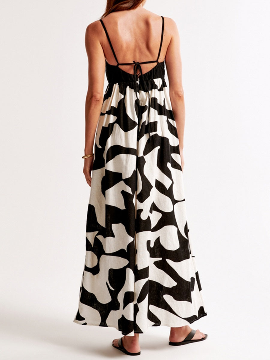 Black and White Spaghetti Strap Maxi Dress – Abstract Print Loose Vacation Sundress (S-XL Sizes)