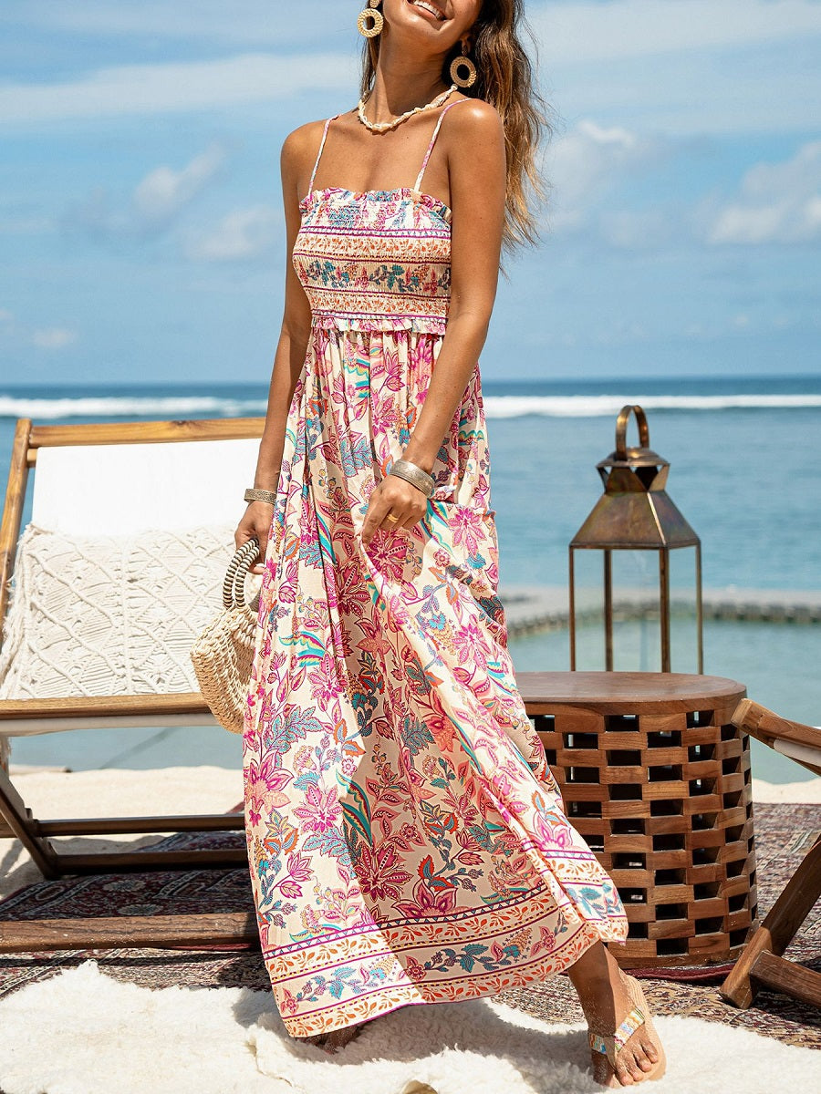 Colorful Floral Print Spaghetti Strap Maxi Dress – Summer Vacation Sundress (S-XL Sizes)