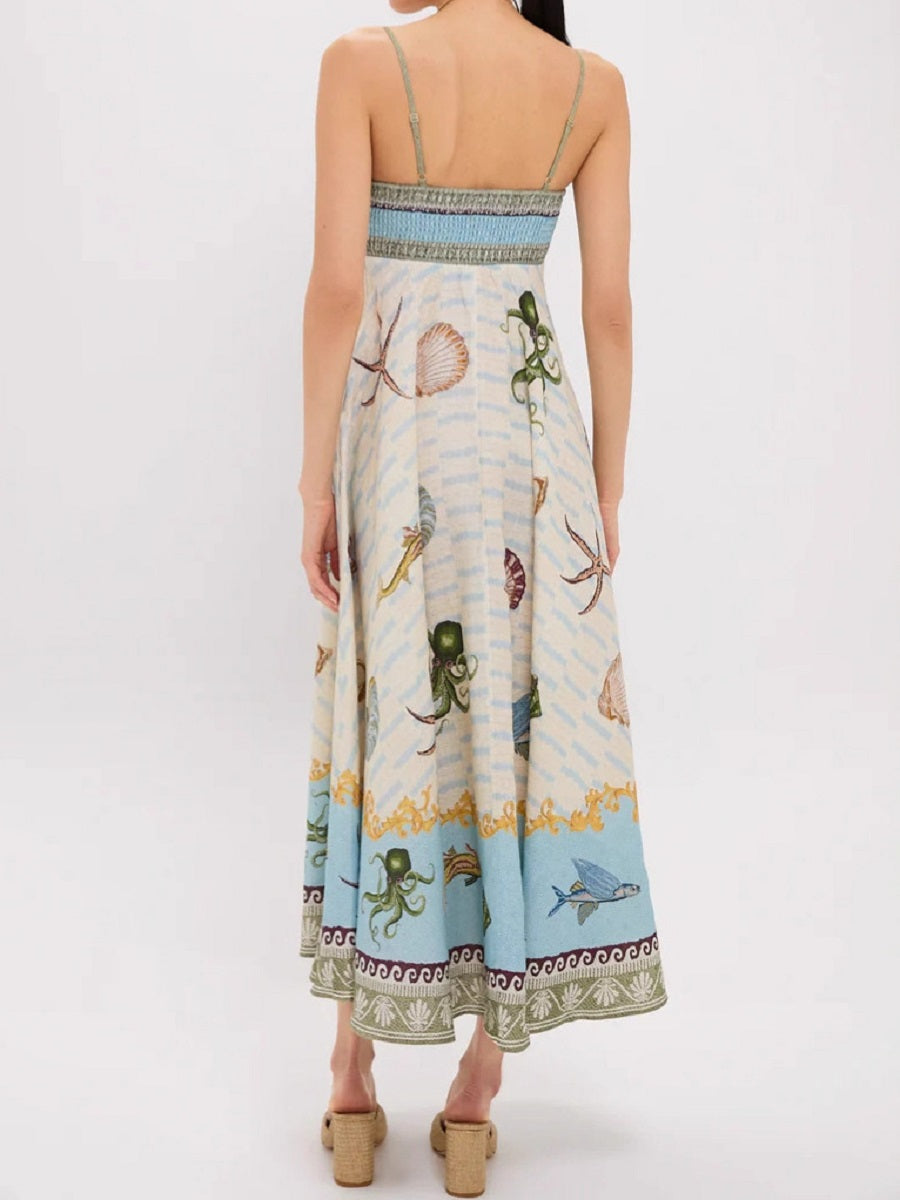 Ocean-Themed Print Spaghetti Strap Dress – Mid-Length Vacation Sundress (S-XL Sizes)