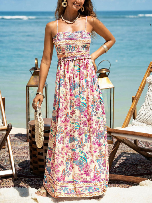 Colorful Floral Print Spaghetti Strap Maxi Dress – Summer Vacation Sundress (S-XL Sizes)