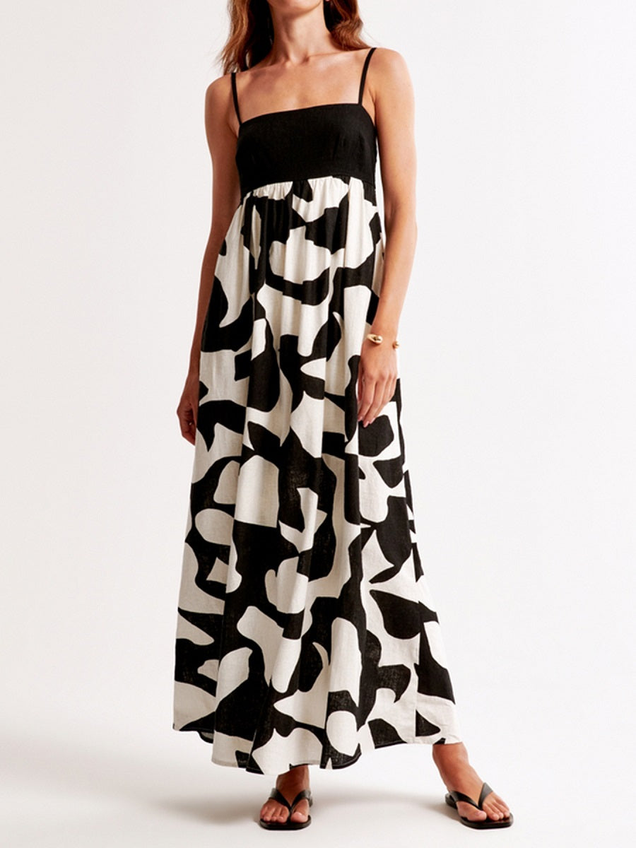 Black and White Spaghetti Strap Maxi Dress – Abstract Print Loose Vacation Sundress (S-XL Sizes)