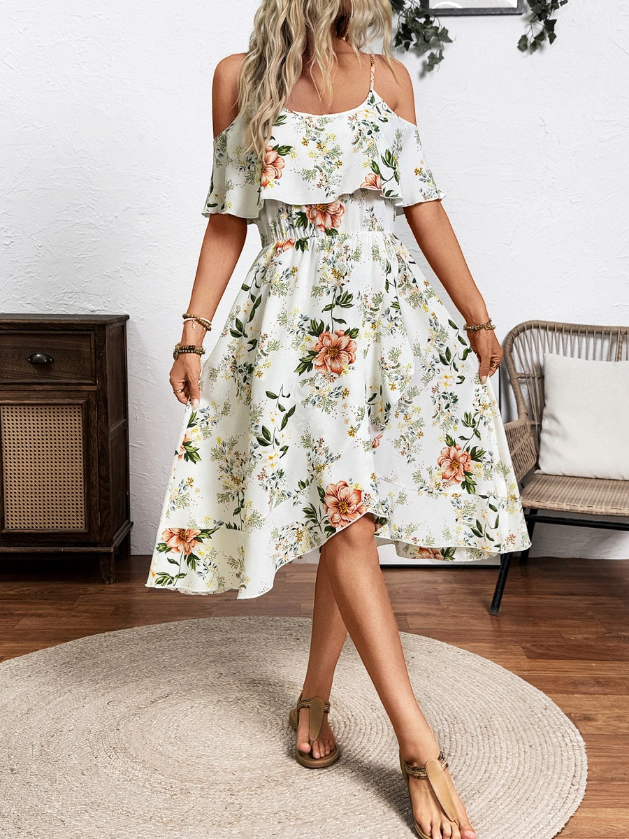 Chiffon Floral Print Spaghetti Strap Midi Dress – Ruffle Hem Vacation Sundress (S-XL Sizes)