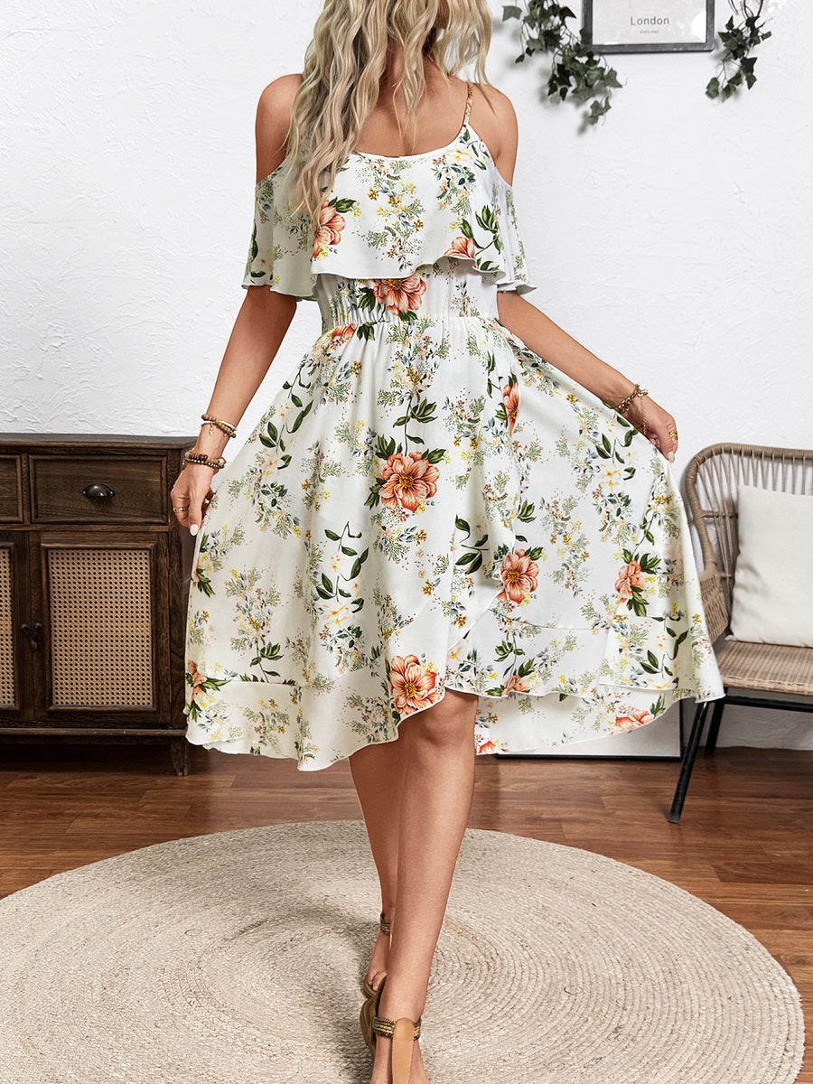 Chiffon Floral Print Spaghetti Strap Midi Dress – Ruffle Hem Vacation Sundress (S-XL Sizes)