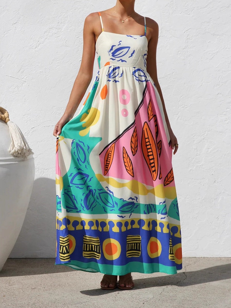 Colorful Abstract Print Spaghetti Strap Maxi Dress – Casual Vacation Sundress (S-XL Sizes)