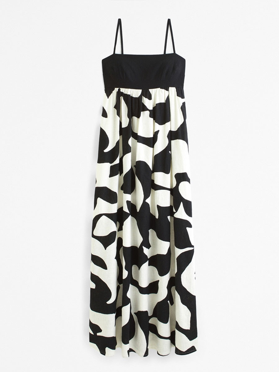Black and White Spaghetti Strap Maxi Dress – Abstract Print Loose Vacation Sundress (S-XL Sizes)