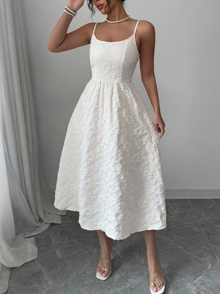 White Spaghetti Strap Midi Dress – Elegant Embossed Floral Sundress with Waist Design (S-XL Sizes)