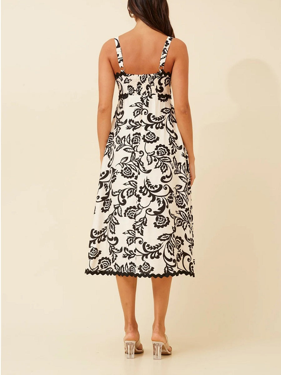 Black and White Floral Print Midi Dress – Spaghetti Strap Elegant Summer Sundress (S-XL Sizes)