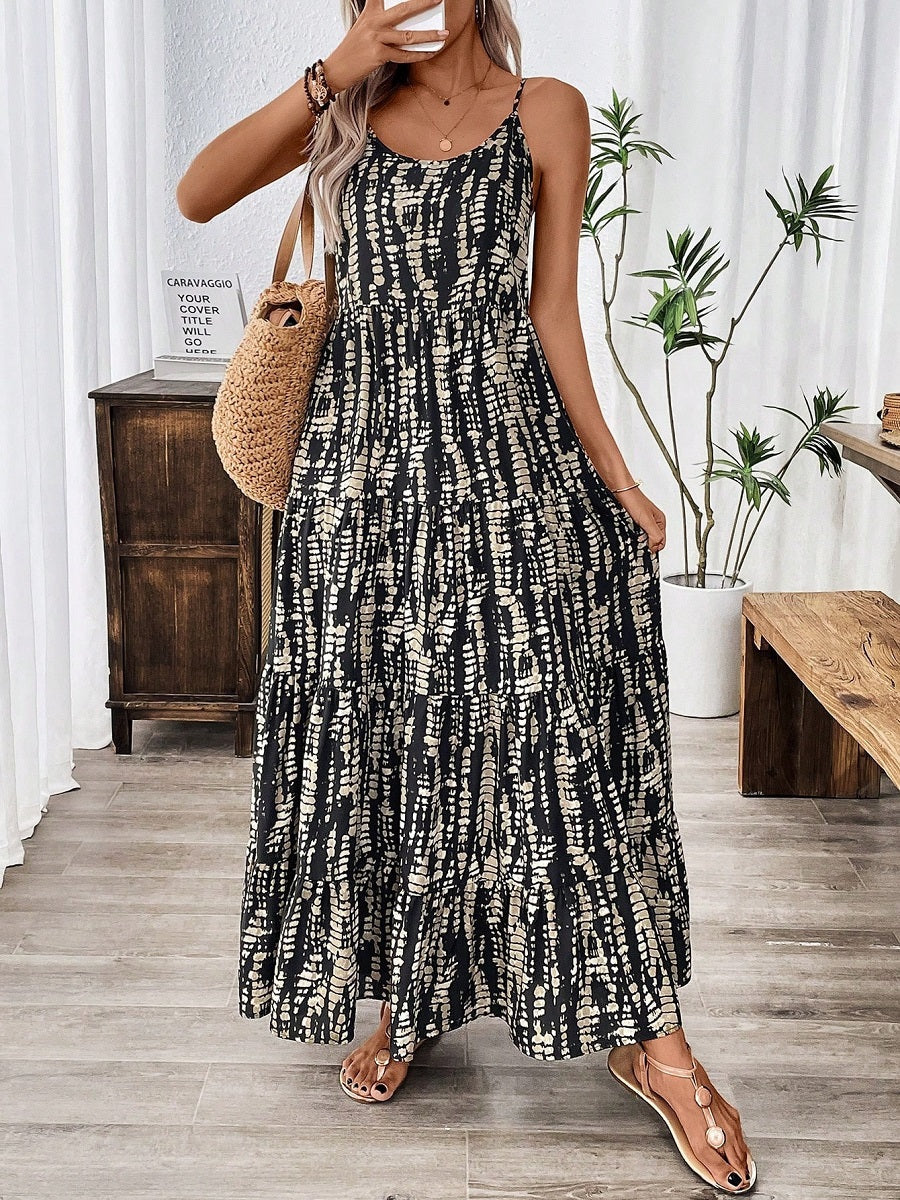 Black and White Printed Spaghetti Strap Maxi Dress – Loose Fit Summer Sundress (S-XL Sizes)