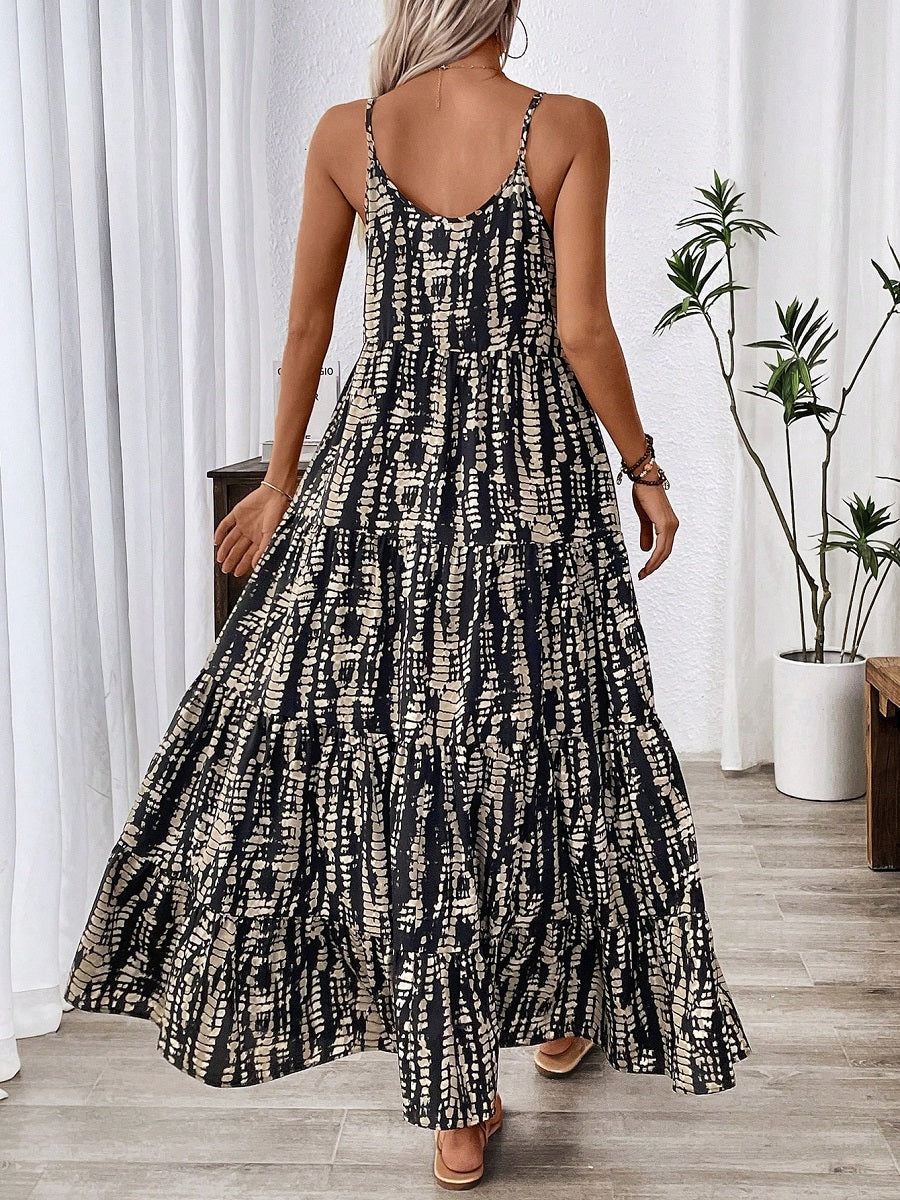 Black and White Printed Spaghetti Strap Maxi Dress – Loose Fit Summer Sundress (S-XL Sizes)