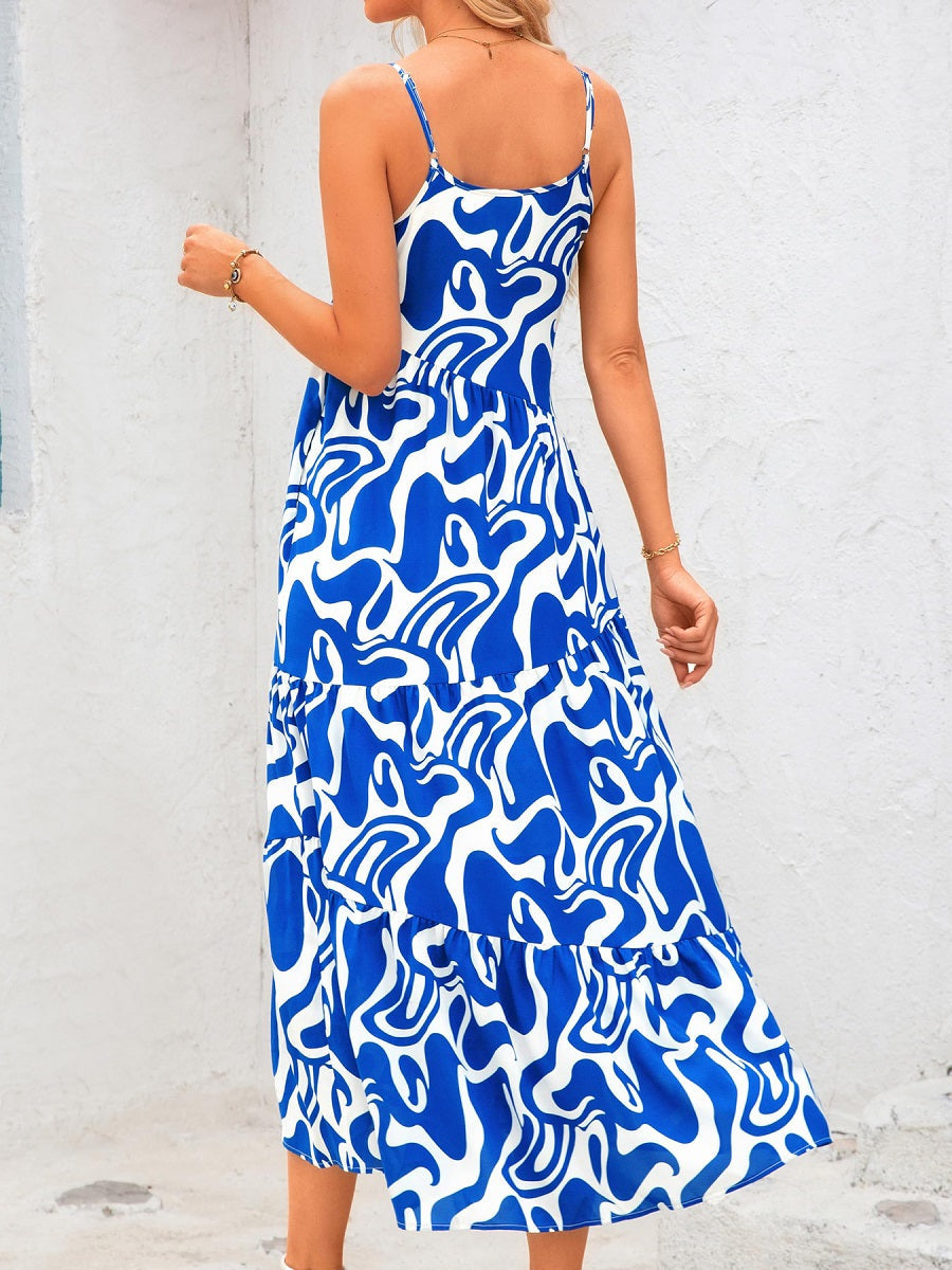 Blue and White Abstract Print Spaghetti Strap Maxi Dress – Loose Tiered Vacation Sundress (S-XL Sizes)