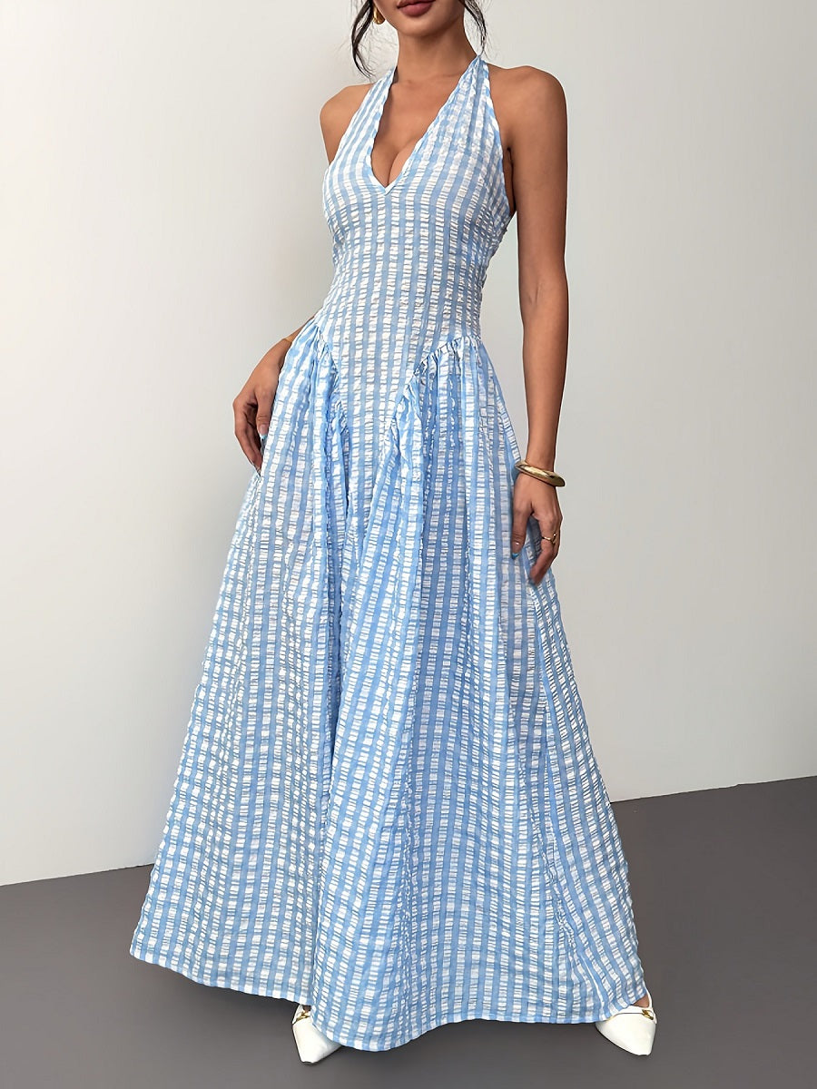 Blue & White Gingham Sleeveless V-Neck Maxi Dress – Elegant High-Waist Summer Dress (S-XL Sizes)