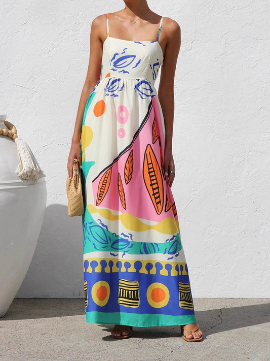 Colorful Abstract Print Spaghetti Strap Maxi Dress – Casual Vacation Sundress (S-XL Sizes)