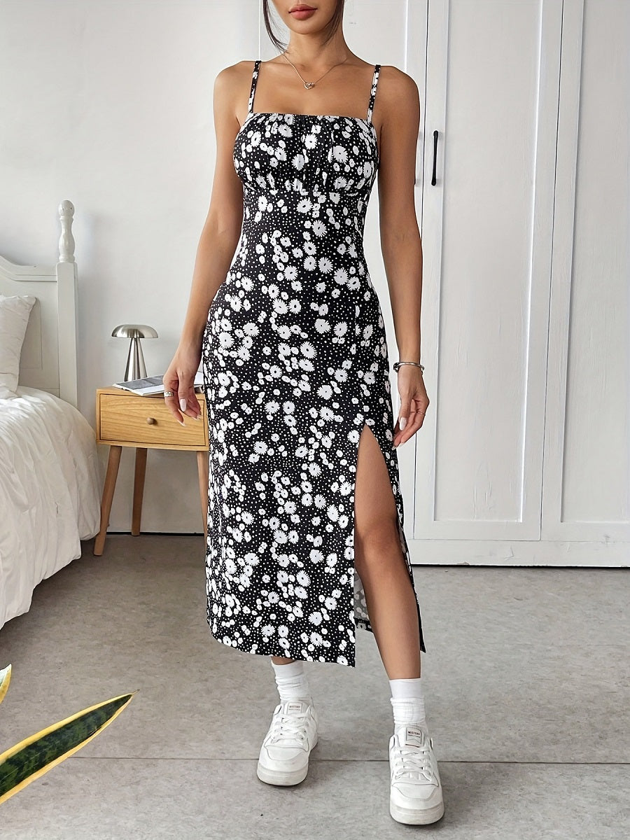 Black Floral Print Spaghetti Strap Midi Dress with Side Slit – Slim Fit Summer Dress (S-XL Sizes)